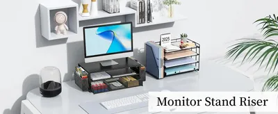 Obrázok produktu pre Držiak na monitor so zásuvkou a držiakom na perá – 2-úrovňový podstavec – Úsporný dizajn – Vhodný pre monitory s uhlopriečkou 33–61 cm – Čierna farba