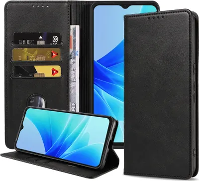 Zdjęcie produktu dla Etui na telefon Smartphonica odpowiednie dla Oppo A57 / A57s / A77 Etui ze sztucznej skóry z zapięciem magnetycznym i kieszonkami na karty Etui z klapką - czarne