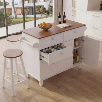 Immagine prodotto di Isola da cucina HWC-P62 con 2 sgabelli, mobile da cucina con cassettiera MDF 90x131x47cm ~ bianco, legno chiaro