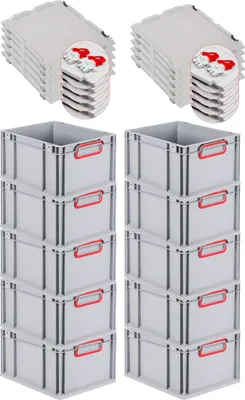 Produktbild von SuperSparSet 10x Eurobox NextGen Color mit Scharnierdeckel und Schiebeschnappverschlüssen | HxBxT 22x30x40cm | 20 Liter | Grau | Griffe rot geschlossen | Glatter Boden | Eurobehälter, Transportbox, Transportbehälter, Stapelbehälter