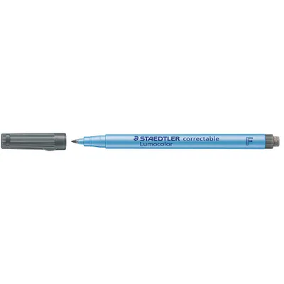 A Staedtler Lumocolor correctable marker with its cap off, displayed on a white background.