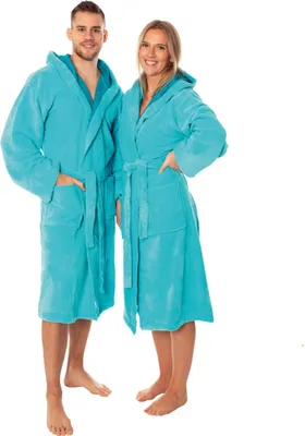 Zdjęcie produktu dla Szlafrok damski i męski Lavea®, szlafrok uni  z kapturem, miękka welura i frotte, mieszanka bambusa i bawełny, 2 kieszenie, pasek do wiązania, rozmiar XL, turkusowy