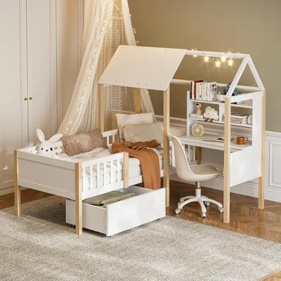 A child's bedroom with a bed, desk, and bookshelf.