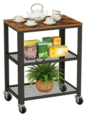 Immagine prodotto di Carrello da cucina Relaxdays, 3 ripiani, effetto legno, carrello da cucina, casa e ufficio, L x P x A: 77,5 x 60 x 40 cm, metallo, marrone-nero