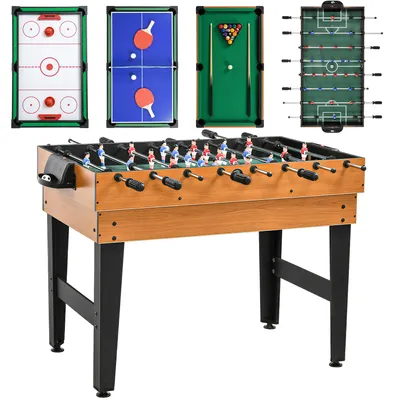 Productafbeelding van 4-in-1 partygametafel met tafeltennis, tafelvoetbal, biljart en tafelhockey, metaal, hout, naturel + zwart