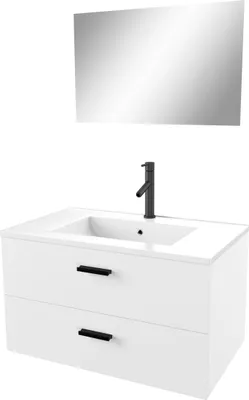 Image de Meuble salle de bain 80 cm suspendu 2 tiroirs Blanc avec vasque et miroir - BOX-IN.