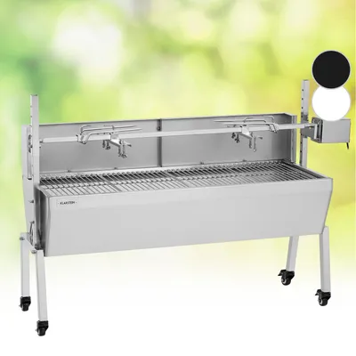 Zdjęcie produktu dla Klarstein Grill rożnowy 2w1 z silnikiem, Grill z obrotowym rożnem i osłoną przed wiatrem, Duży grill rożnowy do kurczaka i prosiaka, Grill rożnowy z rusztem ze stali, Grill węglowy na kółkach