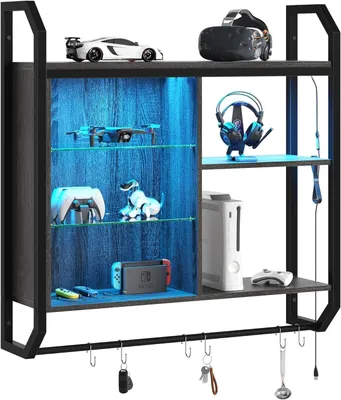 Image de Étagère suspendue pour gamers, étagère murale LED de 84 cm avec tablette en verre réglable, étagère suspendue avec tubes fluorescents et 6 crochets en S, décoration pour salle de jeux, bar à vin et à café, noir