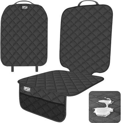 A set of car seat protectors, including a backrest cover and a seat cover with storage pockets, displayed on a white background. A close-up inset shows a water droplet on the material, highlighting its waterproof feature.