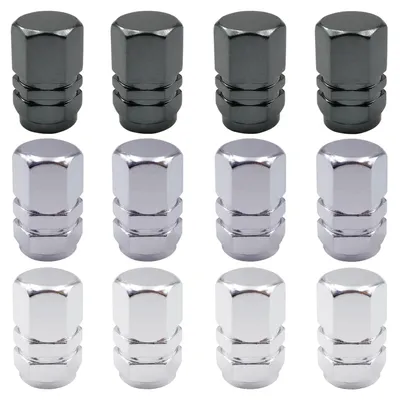 Produktbild von Reifenventilkappen Aluminium 12er Set Schwarz Grau Silber mit Dichtung Universal für Auto Motorrad LKW Fahrrad