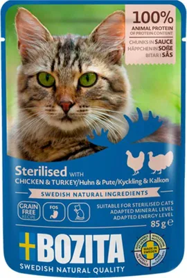 Produktbild von Bozita Sterilised Häppchen in Sauce mit Huhn und Pute 85 g Pouch