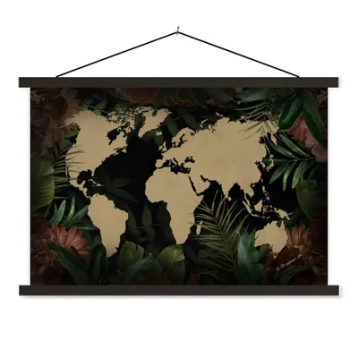 Produktbild von MuchoWow® Textilposter Weltkarte - Blätter - Blumen 120x80 cm mit schwarzem Rahmen - Wanddeko