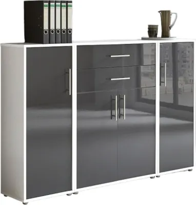 Produktbild von Aktenschrank TABOR 16 in weiß / anthrazit Hochglanz, Schrankwand, Büroschrank, Metallgriffe