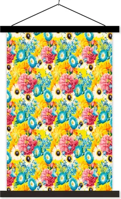 Produktbild von MuchoWow® Textilposter Blumen - Collage - Farben 60x90 cm mit schwarzem Rahmen - Poster Wohnzimmer