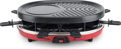 A red and black raclette grill with a natural stone plate and grilling surface.