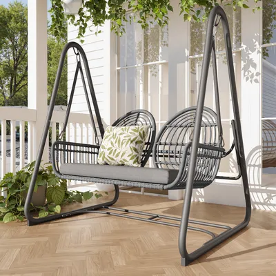Zdjęcie produktu dla Flieks rattanowa huśtawka hamakowa fotel bujany dla 2 osób, fotel wiszący huśtawka wisząca z hakiem i liną mocującą, podwójna huśtawka ciemnoszara