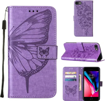 Produktbild von iPhone SE 2020 Hülle, Schmetterling Prägung Flip Leder Kartenfächer Schutzhülle Ledertasche mit Ständer für iPhone SE 2020 / 8 / 7 / 6s / 6 Violett