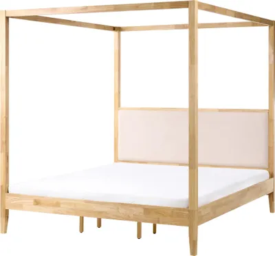 Obrázok produktu pre BELIANI Svetlohnedá drevená posteľ 180 x 200 cm s čalúneným čelom s baldachýnom béžový minimalistický dizajn
