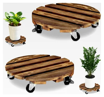 Produktbild von 2 Stück Pflanzenroller Rund Holz Rollbrett 360° Drehbar für Blumentöpfe mit Rollen