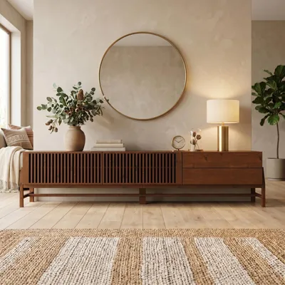 Produktbild von Lowboard ADAMO 220 cm aus Massivholz, Kastanie Finish - TV Kommode mit Lamellenschiebetüren, TV Lowboard für Wohnzimmer, Sideboard mit 2 Schubladen, Wohnzimmer TV Schrank