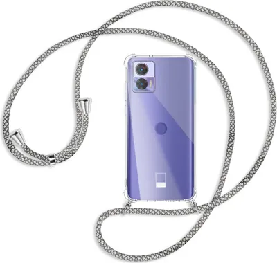Produktbild von Handykette Backcover-Schutzhülle mit Band (Metall silberfarben) für Motorola Edge 30 Neo (Edge 30 Lite) - weiß/grau kariert