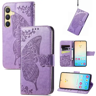 Immagine prodotto di Per Samsung Galaxy S25 5G Custodia in Pelle finta per telefono cellulare con design a farfalla Custodia viola chiaro
