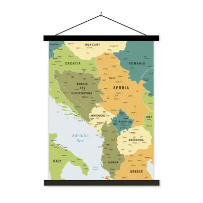 Produktbild von MuchoWow® Textilposter Bunte Karte der Balkanländer einschließlich Serbien 60x80 cm mit schwarzem Rahmen - Plakathalter