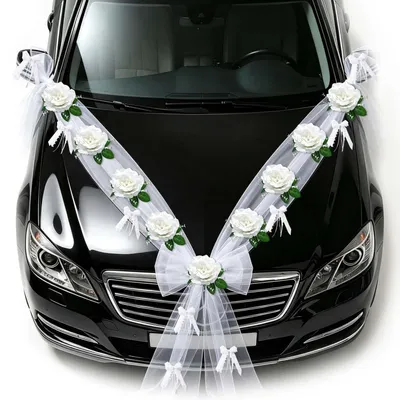 Productafbeelding van Decoratieset voor bruidauto met 9 rozen en 10 linten, ideaal voor een bruiloft