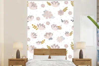 Produktbild von MuchoWow® Fototapete für Wohnzimmer oder Schlafzimmer Wandtapete Vinyl Motivtapete Design - Blumen - Blätter - 145x220 cm - Wanddekoration