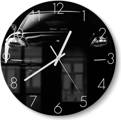 Produktbild von DEQORI Glasuhr Ø30 cm Zahlen 'Porsche Panamera Front' Wanduhr Glas Uhr Design leise