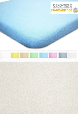 A close-up of a blue fitted sheet with a row of color swatches below it, and a textured cream fabric swatch at the bottom.