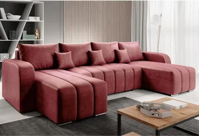 Produktbild von Easy4You Pufetto Velours Rosa Ecksofa U-Form 320 x 80 x 147 cm mit Schlaffunktion und Bettzeugbehälter - Schlafsofa mit Bettkasten - Eckcouch mit Stauraum – Stoff: MANILA 29