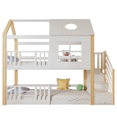 Produktbild von Etagenbett mit Aufbewahrungstreppe, Hausbett, Kinderbett, mit Fallschutzgitter, mit Fenster und Dach, Kiefer+MDF, Weiß+Natur, 90x200cm