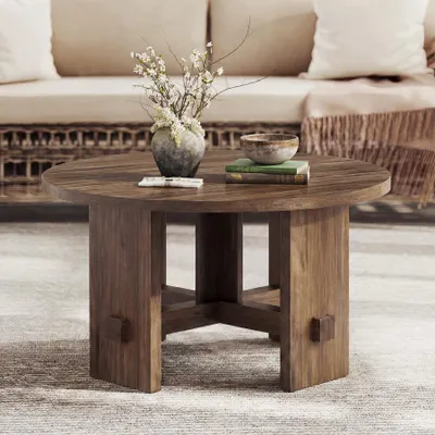 Image de Table basse ronde avec socle, diamètre 80 cm, petite table d'appoint ronde de style rustique, meuble d'appoint pour salon et appartement, marron