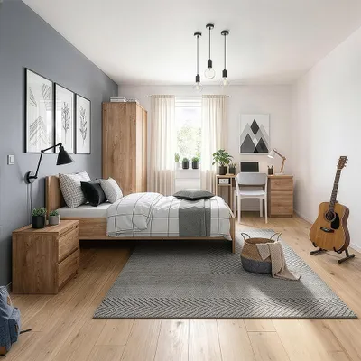 Produktbild von Jugendzimmer-Set mit Bett 90x200 cm & Kleiderschrank in Eiche, modern, 4-teilig - FORTALEZA-129