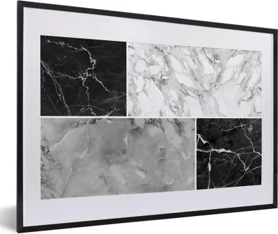 Produktbild von MuchoWow® Gerahmtes Poster Marmor - Weiß - Schwarz - Grau 60x40 cm - Poster mit Schwarzem Bilderrahmen Wandposter Rahmen Foto Bilder - Schlafzimmer - Plakat in Rahmen - Drucken