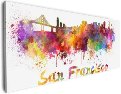 Produktbild von Wallario Premium Leinwandbild Städte als Aquarell - Skyline von San Francisco in Größe 80 x 200 cm