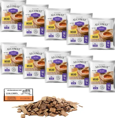 Produktbild von 10 x Honigwein Hefe 5g/25-30L + Eichenholzchips, Alcomat Trocken Methefe, Weinhefe