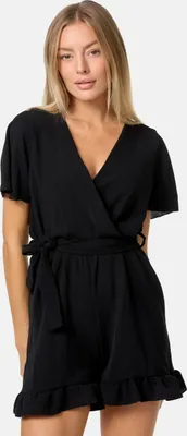 Produktbild von PM SELECTED Sommerlicher Damen Mini Jumpsuit Hosenanzug mit Gürtel, Rüschen und V-Ausschnitt PM28 Schwarz Einheitsgröße Gr. 34 - 38