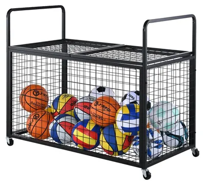 Produktbild von Sportballenwagen mit Stahlkasten 1150 x 610 x 912 mm, Sportballencontainer mit Abdeckklappe, Sportausrüstung für Innen- und Außenbereich, Stauraumwagen für Garagen