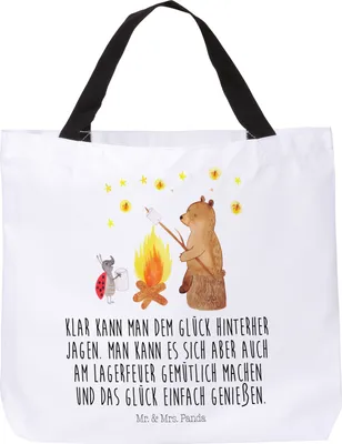 Produktbild von Mr. & Mrs. Panda Reisetasche Bär & Marienkäfer Lagerfeuer - Weiß - Geschenk, Schultasche, Einkaufstasche, Teddy, Tote Bag, Tasche, Strandtasche, Laptoptasche