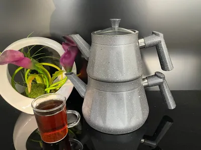 Produktbild von Granit-Teekannen-Set - Obere Teekanne (1,1 Liter) untere Teekanne (2,1 Liter) Grau