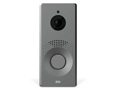A gray smart doorbell with a camera and speaker.