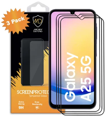 Productafbeelding van 3-Pack MobyDefend Screenprotectors - Geschikt voor  Samsung Galaxy A25  -  Screensavers Met Zwarte Randen - Gehard Glas