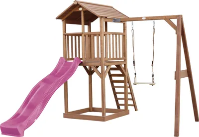 Produktbild von AXI Beach Tower Spielturm aus Holz in Braun | Spielhaus für Kinder mit lila Rutsche, Schaukel und Sandkasten | Stelzenhaus für den Garten