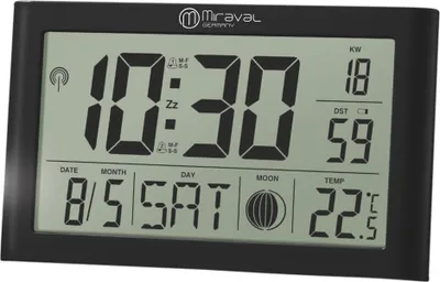 A digital clock displaying the time, date, and temperature.