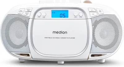 Produktbild von MEDION E66476 Stereozvukový systém (boombox, CD prehrávač, MP3, kazety, prenosný kazetový prehrávač pre deti, FM rádio, AUX, slúchadlá, sieť a batéria) biely