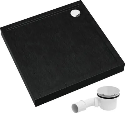 Produktbild von AQUABAD® Duschwanne Komplettset Ultima LeakProtect® Black Stone 90x90cm Quadrat mit Ablaufgarnitur Alcadrain A49CR