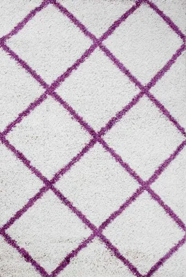 Produktbild von Hochflor Teppich Wohnzimmer Shaggy Rautenmuster Lila Creme Skandinavischer Stil weich Robust, Maße:120x170 cm