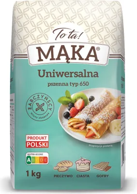 A bag of flour with an image of crepes and fruit.